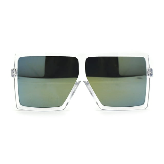 Clear Frame Color Mirror Squared Rectangle Flat Top Mobster Oversize Sunglasses Yellow Mirror