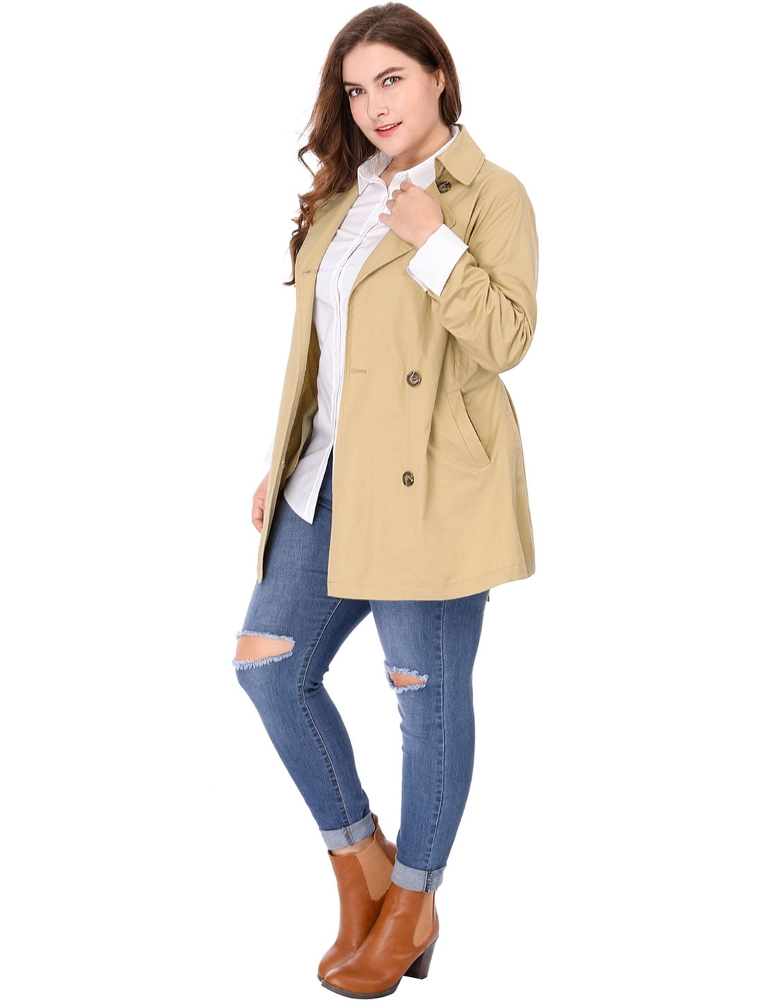Agnes Orinda Womens Plus Size Double-Breasted Belted Trench Coat
