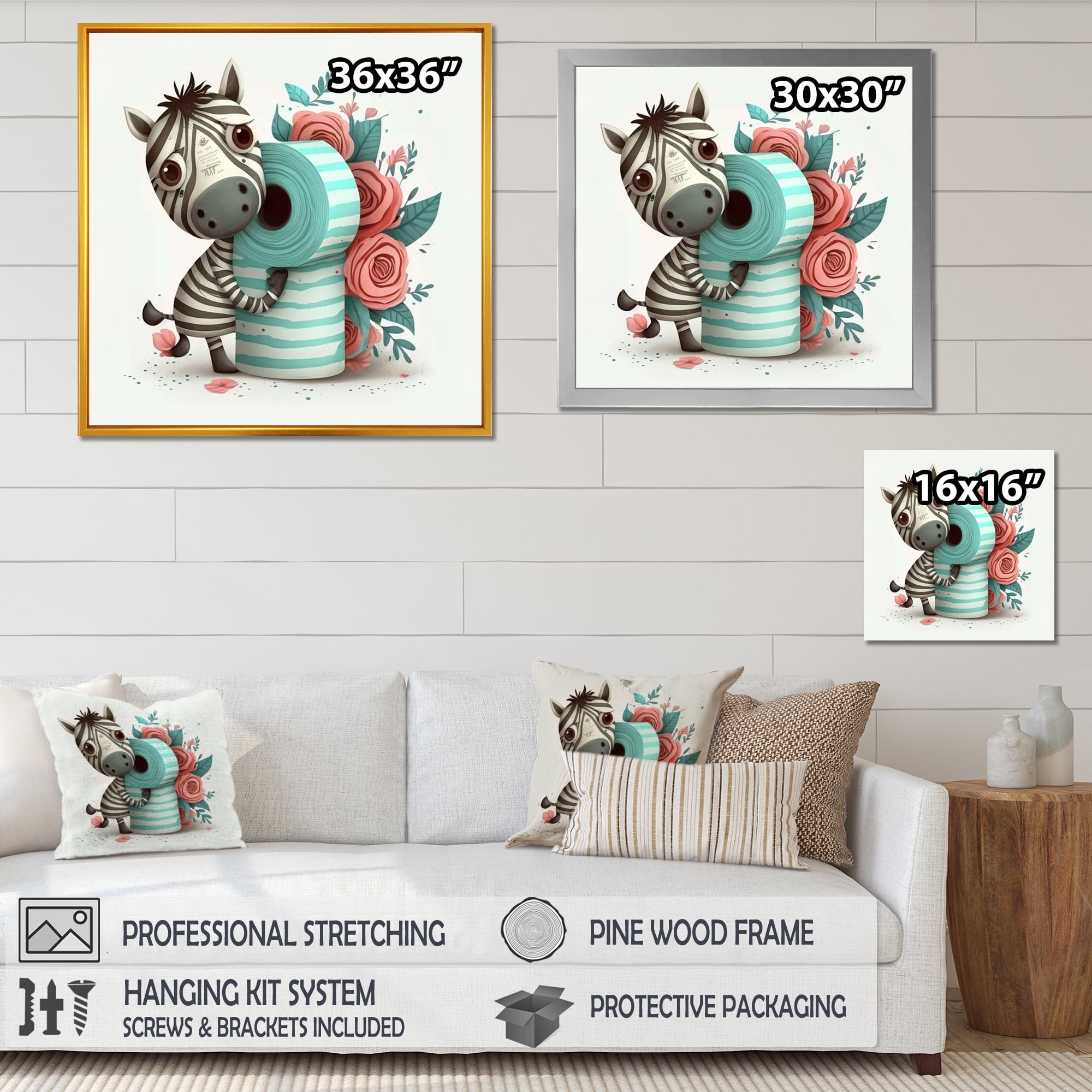 Designart Zebra Building A Tower Of Toilet Paper Canvas Wall Art