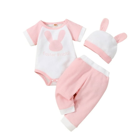 

QWERTYU Newborn Infant Baby Toddler Girl Boy 3PCS Short Sleeve Outfit Bodysuit and Pants Set Summer Clothing Set with Hat Pink