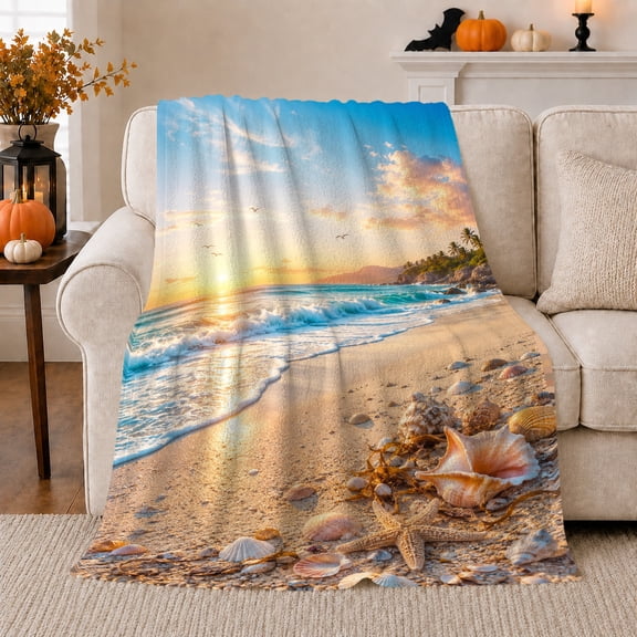 Shell Beach Sunrise with Gentle Waves, Serene Coastal Style for Beach Lovers, Starfish Sand Scene and Housewarming Gift, Soft Flannel Blanket for Sofa and Bedroom, Nautical Home Decor