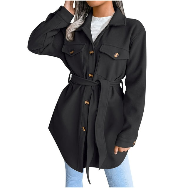 IROINID Women's Mid-Length Woolen Jacket Solid Color Long Sleeve Comfy Autumn And Winter Single-breasted Woolen Coat, Black