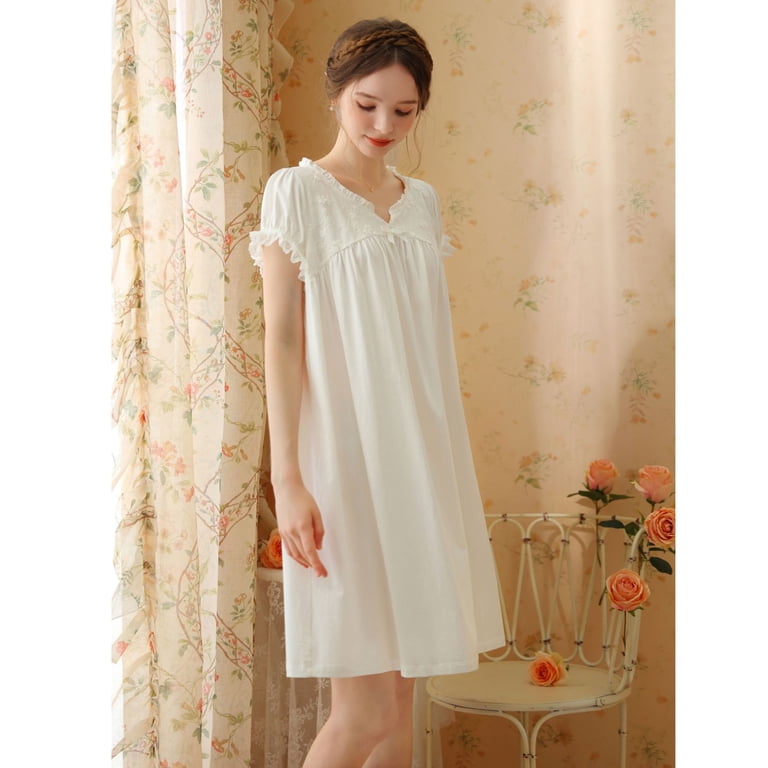 Defitshape Women's Cotton Victorian Nightgown Princess Short Sleeve Pajama Dress Cute Lace Vintage Lightweight Ruched Puff Sleeve Short Sleep Dress