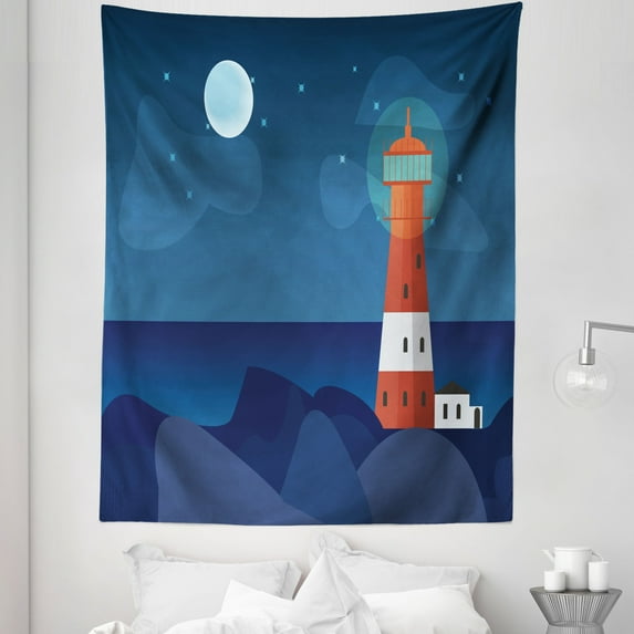 Night Ocean Tapestry, Lighthouse at Night Full Moon Rocky Beach Print Cartoonish Design, Fabric Wall Hanging Decor for Bedroom Living Room Dorm, 5 Sizes, Night Blue Multicolor, by Ambesonne