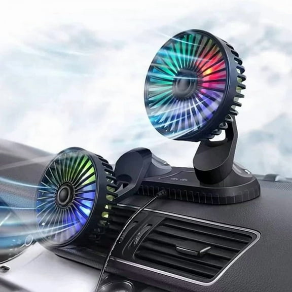 Car Fan, 360° Adjustable Dual USB Cooling Air Fan Low Noise Fan for Car SUV RV Truck ,with Coloured Light
