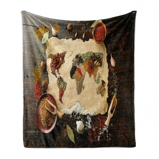 Spice Soft Flannel Fleece Blanket, Mapping Illustration Formed with Different Kinds of Ingredients on a Wooden Backdrop, Cozy Plush for Indoor and Outdoor Use, 70" x 90", Multicolor, by Ambesonne