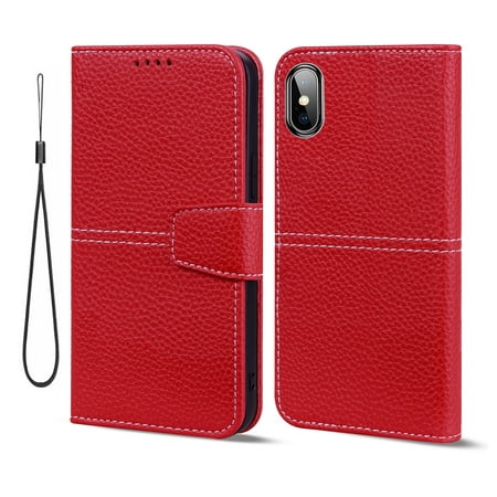 TECH CIRCLE Wallet Case for Apple iPhone X,iPhone XS 5.8 Inch,Full Protection PU Leather TPU Inner Magnetic Clasp Folio Flip RFID Blocking Card Slot Kickstand Phone Case with Wrist Strap,Red