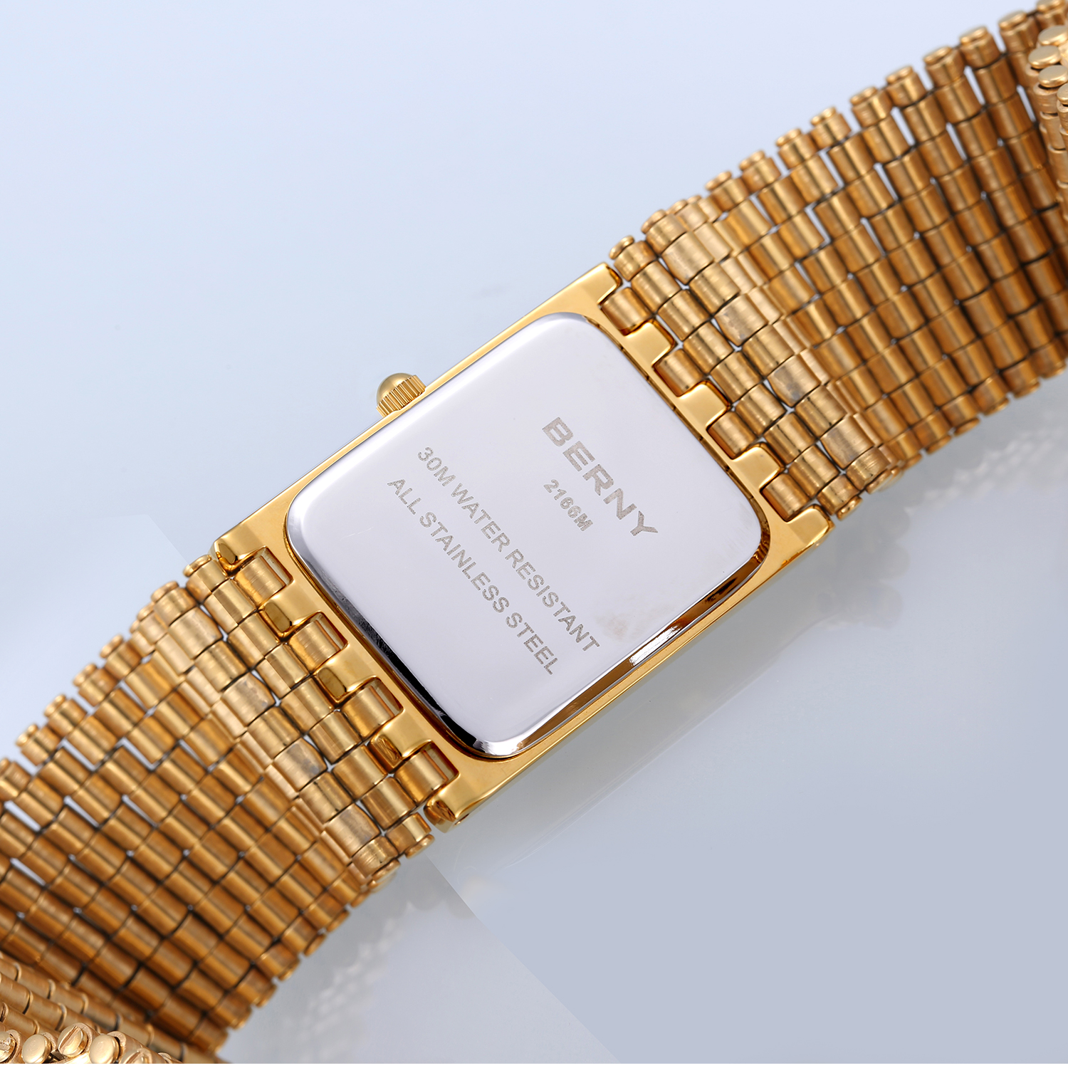 BERNY Men's Gold Rectangular Watch, Stainless Steel Band Quartz Wristwatch, Date Display, 3ATM Water Resistant, Folding Buckle, Classic Business Dress Watch for Men (Gold)