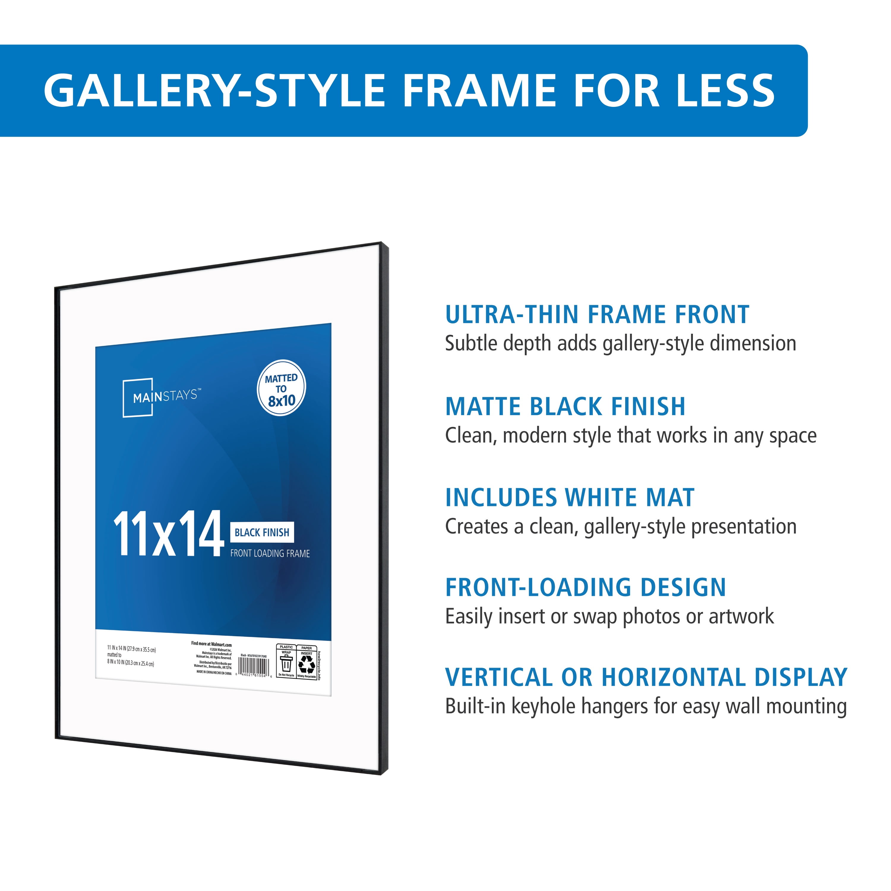 Mainstays 11x14 Front-Loading Picture Frame, Matted to 8x10, Black