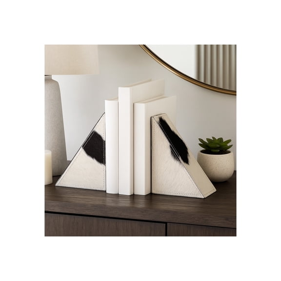 Bookends for Shelves and Bookshelf Decor - Triangular Decorative Bookends with Cowhide Leather Wrapped Finish - Sturdy Bookends Perfect for Home Library, Office, and Desk Decor - 7" Ivory & White