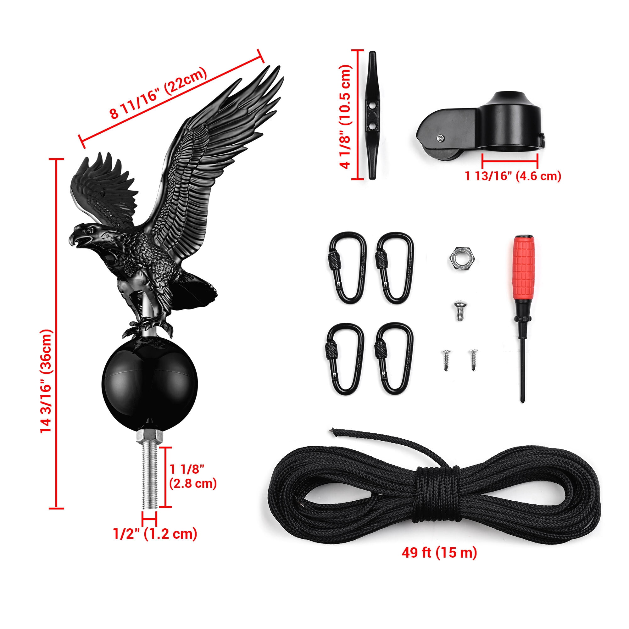 Yescom 100% Aluminum Flagpole Hardware Repair Kit 50FT Wire Core Halyard Rope & Carabiners Eagle Topper for 20/25/30FT Sectional Flag Pole Black