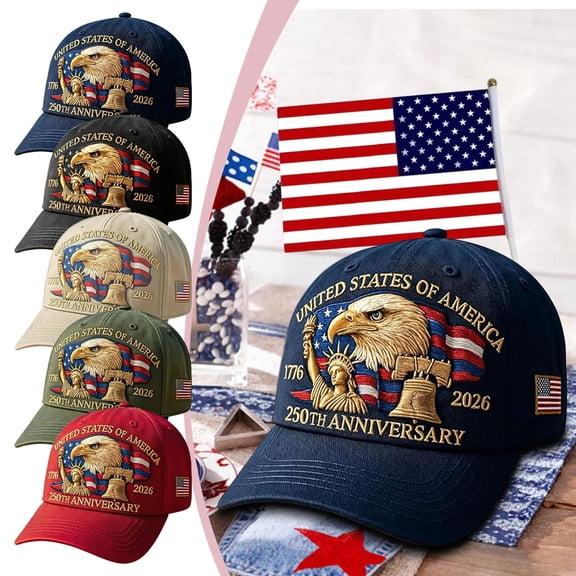 WKSCLPAI 250th Anniversary USA Hat, Adjustable Printed Patriotic Baseball Cap for Men Women with A Small Decorated American Flag for Independence Day(Red)