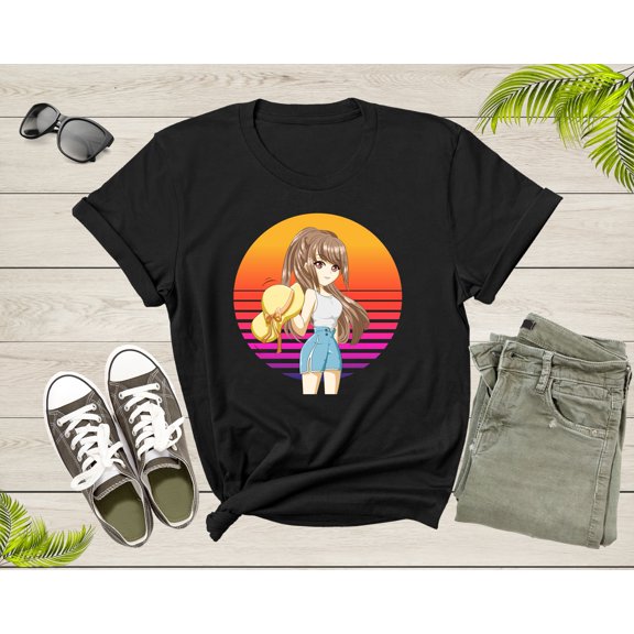 Happy Beautiful Japanese Anime Girl with Hat Manga Drawing T-Shirt Retro Anime Lover Gift T Shirt for Men Women Kids Boys Girls Tshirt