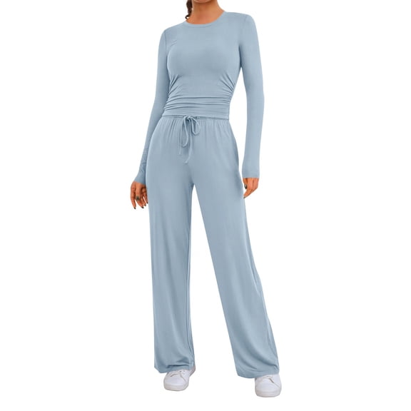 Women's 2 Piece Matching Lounge Set Long Sleeve Side Ruching Top Wide Leg Drawstring Pants Set with Pockets Sky Blue XL