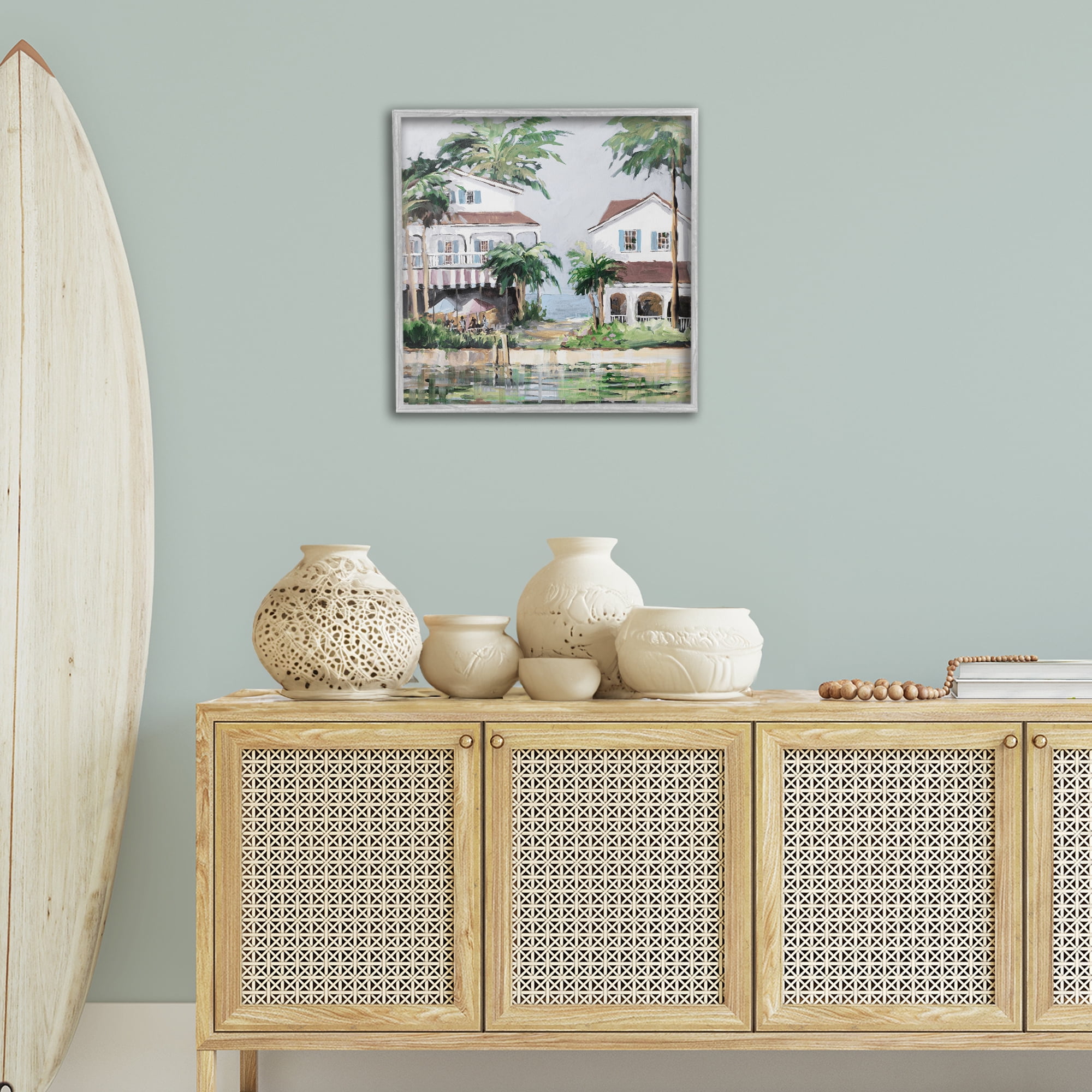 Stupell Industries Coastal Bay Cottages Coastal Painting Gray Framed Art Print Wall Art, 24 x 24