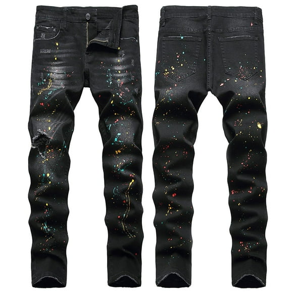 ZHUASHUM Mens Jeans Straight Slim Fit Jeans Stretchy Fashion Ripped Skinny Pencil Pants,34 Black