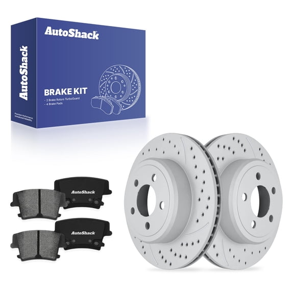 AutoShack Rear Vented Drilled & Slotted Coated Brake Rotors Silver Matte Finish   Premium Ceramic Pads 6-PC Brake Kit Replacement for 2006-2014 Dodge Charger TurboGuard 12.59" (319.8 mm)
