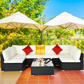 Outsunny Rattan Wicker 7 Piece Sectional Patio Conversation Set With White Cushions Walmart Com Walmart Com