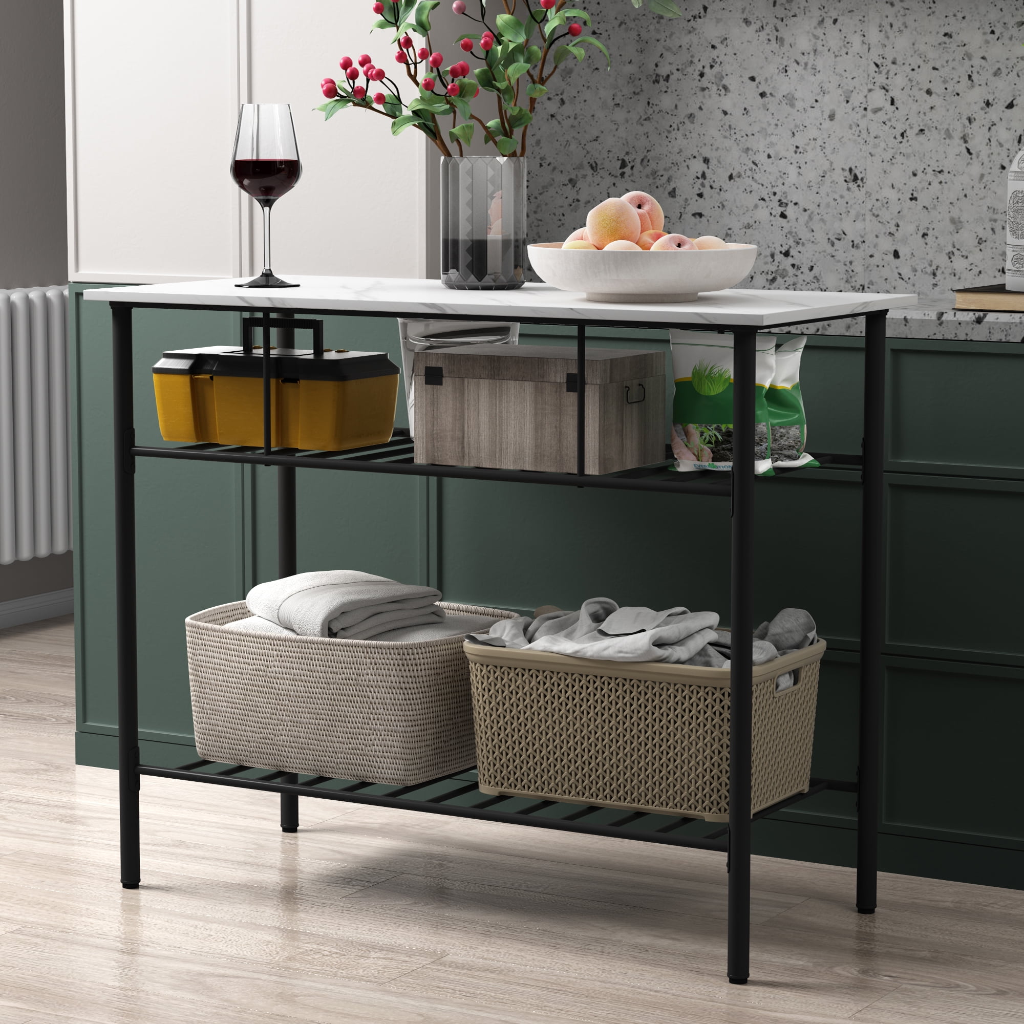 Kitchen Buffet Table, Counter Height Faux Marble Buffet Kitchen