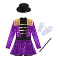 thumbnail image 3 of Doomiva Kids Girls Shiny Ringmaster Halloween Dancewear Sequins Tassel Cap Leotard Dress Cheer Leader Uniform Purple-Set 6, 3 of 6