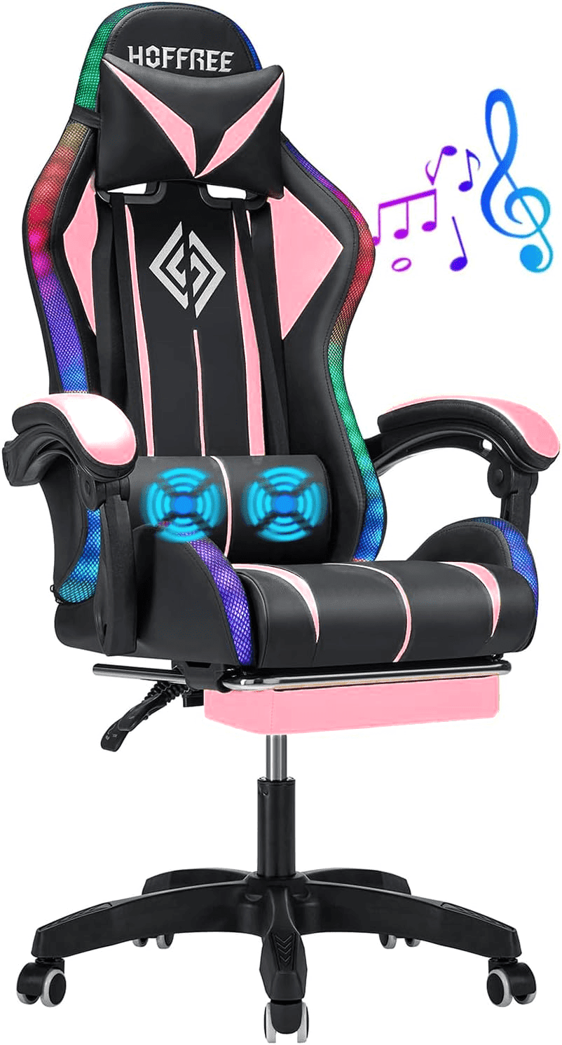 Hoffree Gaming Chair with Bluetooth Speakers and Footrest Massage Office Chair with LED Lights Ergonomic Game Chair High Back with Lumbar Support and Headrest Adjustable Swivel for Adults 300lb