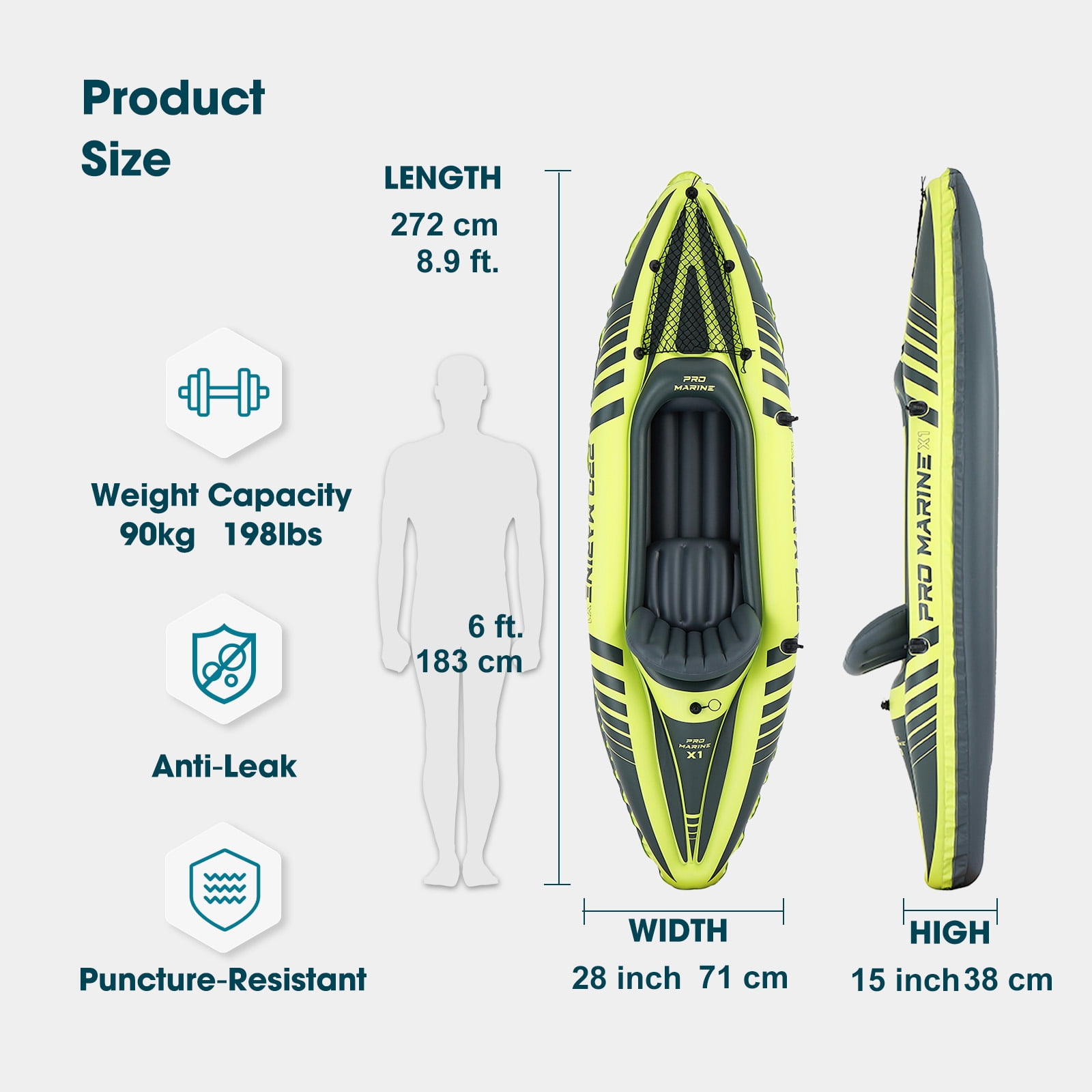 Pro Marine 1 Person Inflatable Kayak Set, Blow Up Boat with Adjustable Seats,  Air Pump, Yellow
