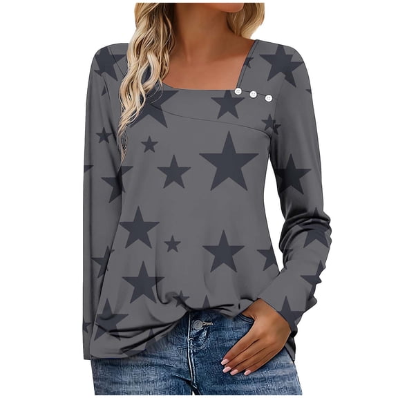 BangWanChi Women's Slouchy Crewneck Tops Buttoned Fashion Star Print Loose Casual Long Sleeve T-Shirt Top