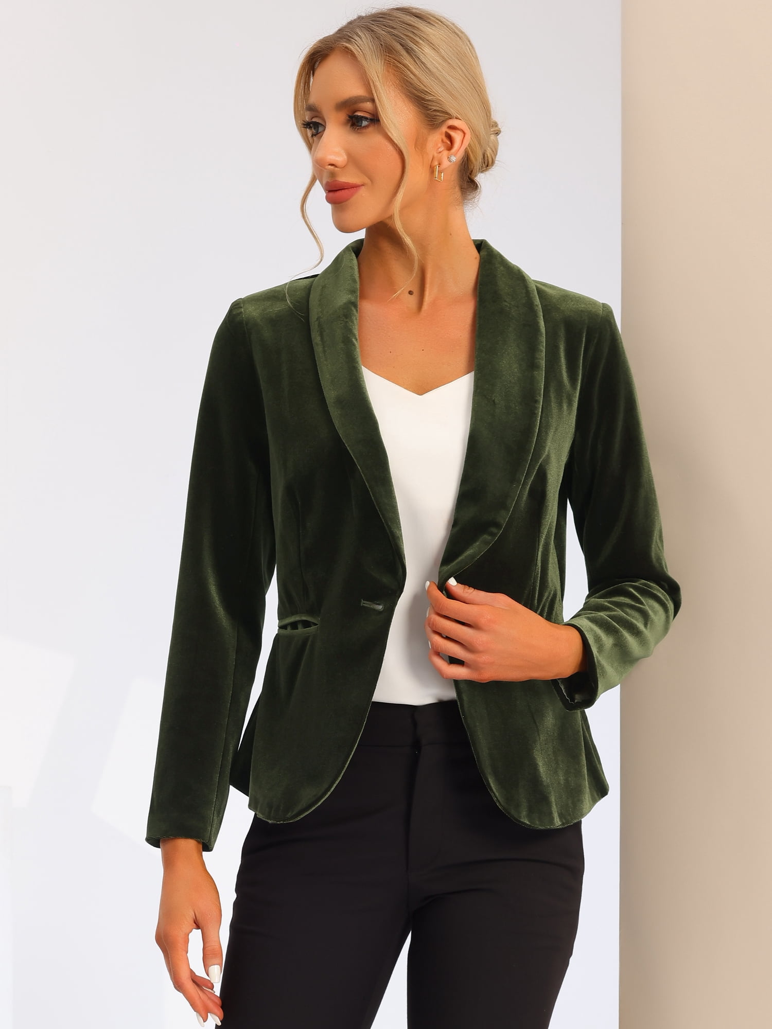 DARING DIVA Women's Velvet Office Coat Solid Shawl Collar Blazer M Olive Green