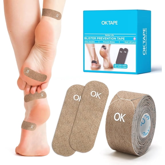 OK TAPE Blister Prevention Tape, 40 Pcs, Moleskin for Blisters, No-Residue Blister Bandages for Feet & Body, Heel Patches, 1.2in X 3.5in Precut Strips - Brown