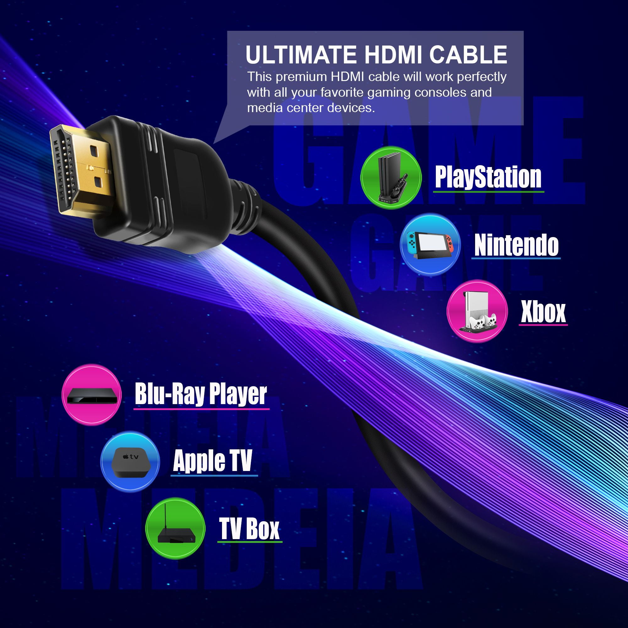 25 FT HDMI Certified Gold Series High Speed HDMI Cable Cord 4K 1080P for PS4 PS3 XBOX 360 Xbox one Nintendo Wii Switch Blu-Ray, HD-DVR, Digital/Satellite Cable HDTV LCD LED OLED TV