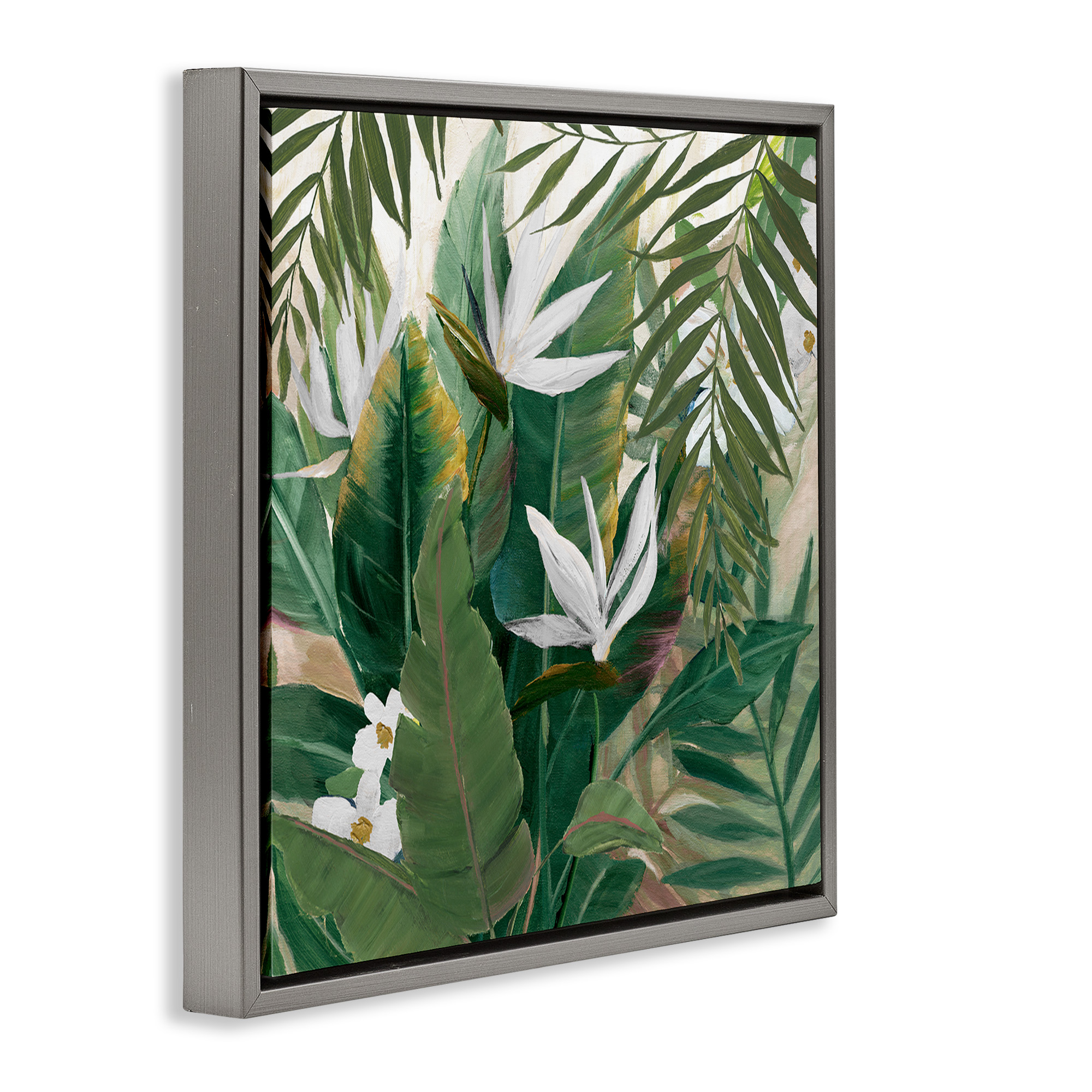 Stupell Industries Tropical Birds Of Paradise Plant Botanical & Floral Painting Gray Floater Framed Canvas Art Print Wall Art, 18 x 18