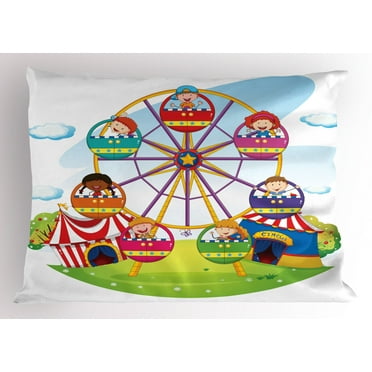 Ferris Wheel Pillow Sham, Cartoon Illustration of Children Having Fun at the Circus Riding Ferris Wheel, Decorative Standard Size Printed Pillowcase, 26 X 20 Inches, Multicolor, by Ambesonne