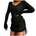 thumbnail image 2 of BiZtdJrK Sweater Dress for Women Drawstring Hem V Neck Long Sleeve Casual Knit Mini Dresses Slim Fit Fashion Sweaters Black M, 2 of 7