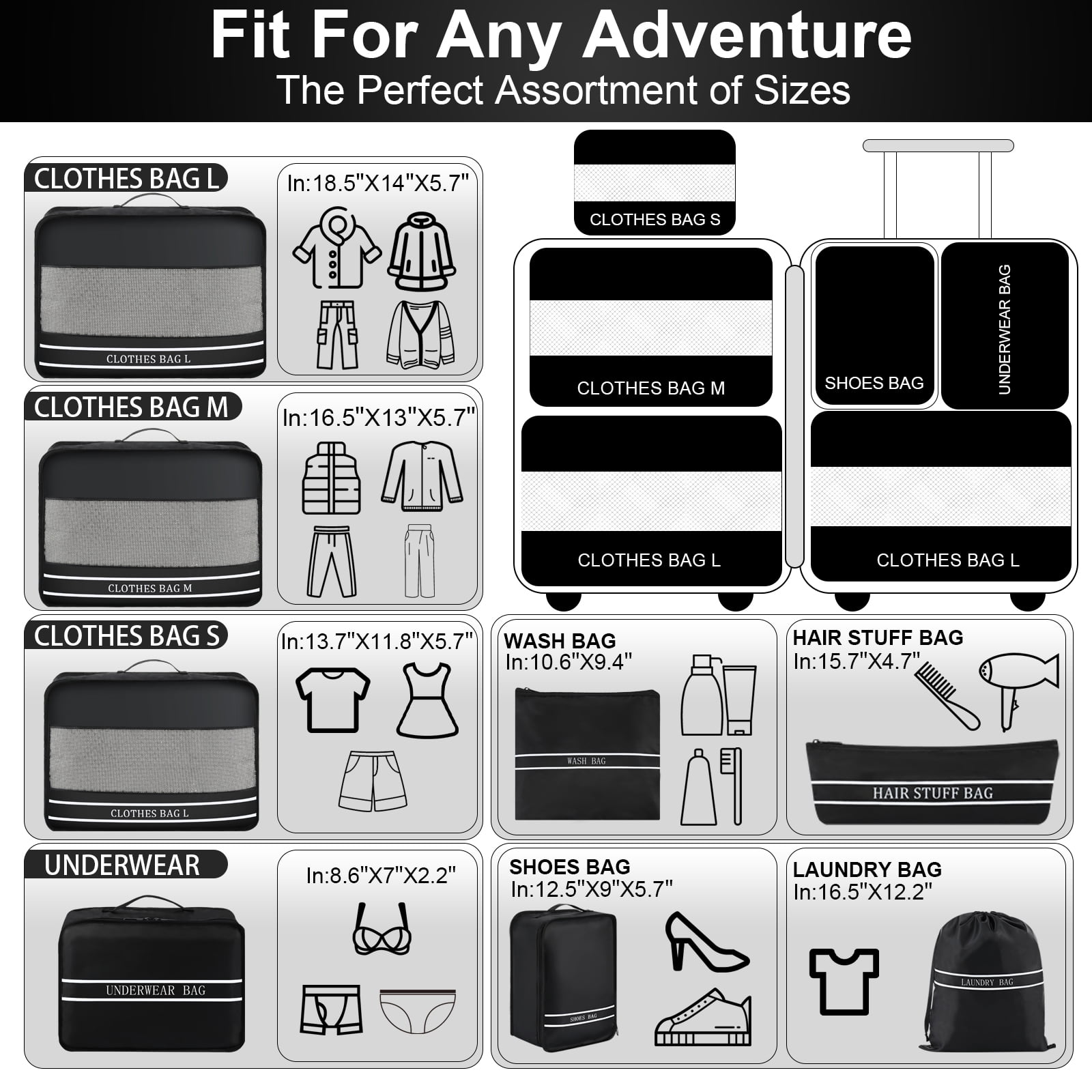 LEPECQ 9Pcs Packing Cubes,Nylon Luggage Packing Organizers for Travel Accessories Space Saving Travel Bags for Carry On, Lightweight Laundry and Shoe Bag