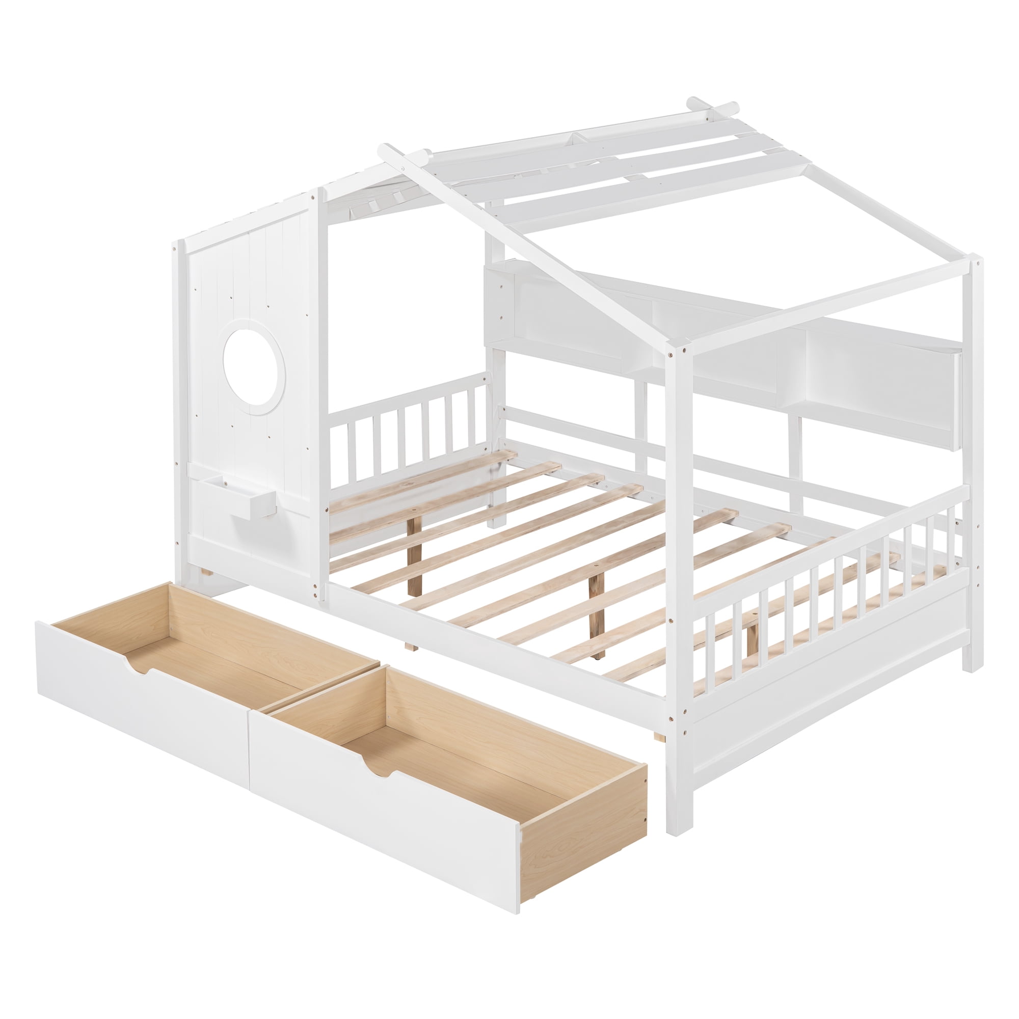 Harper & Bright Designs Full Size House Bed with Roof and Window, Wooden Daybed Frame with Shelves and 2 Drawers for Girls Boys, White