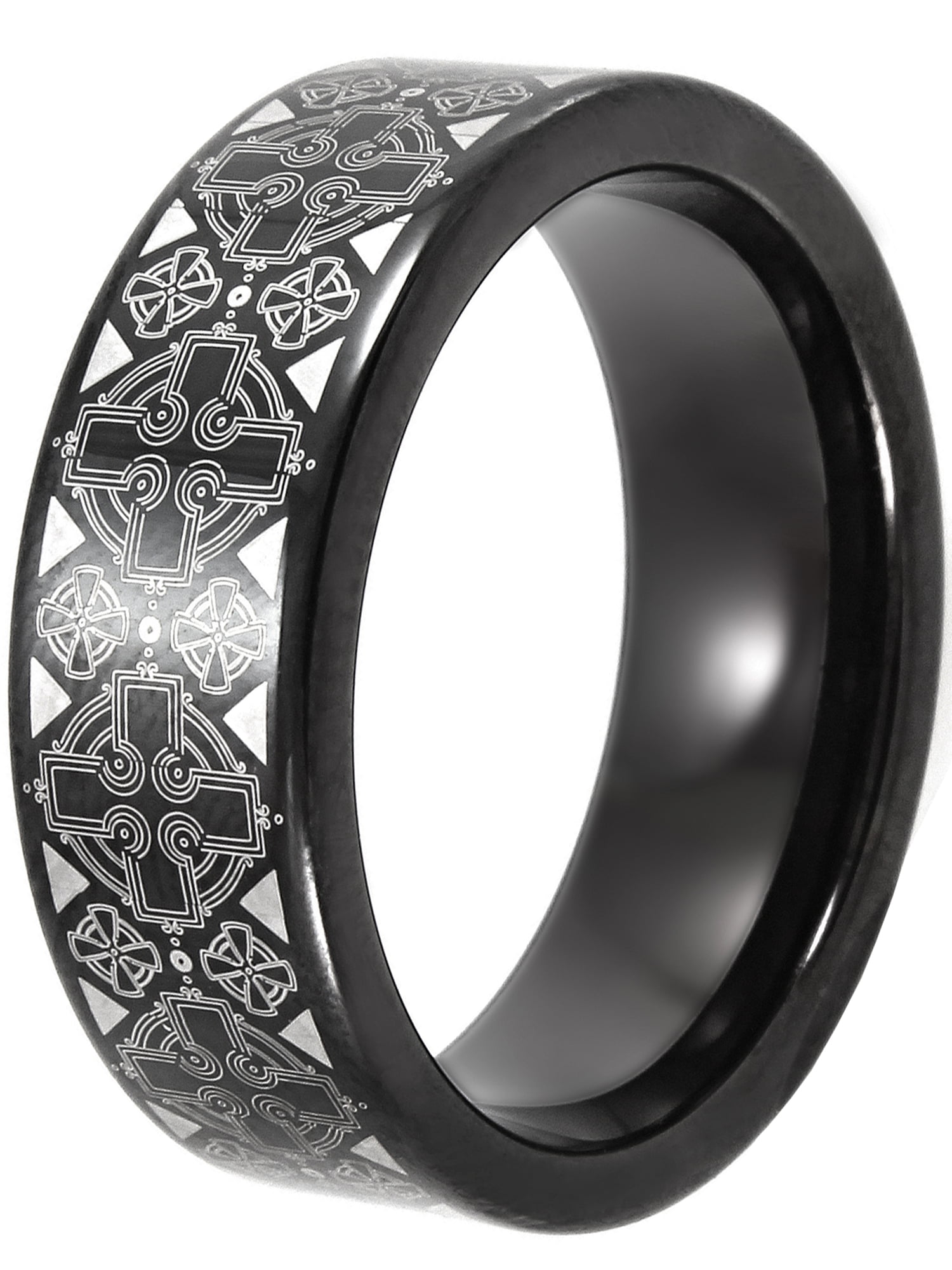 Titanium Two-Tone Black/White Satin Band Celtic Scroll Etch Men's Wedding Ring 