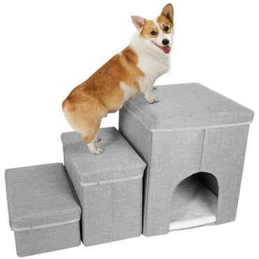 Pet Stairs for Small Dogs and Cats, Adjustable Folding Steps with Toy Storage and Cozy Condo, Perfect for Senior Pets, Puppies, and High Beds and Sofas, Grey Indoor Pet Ladder