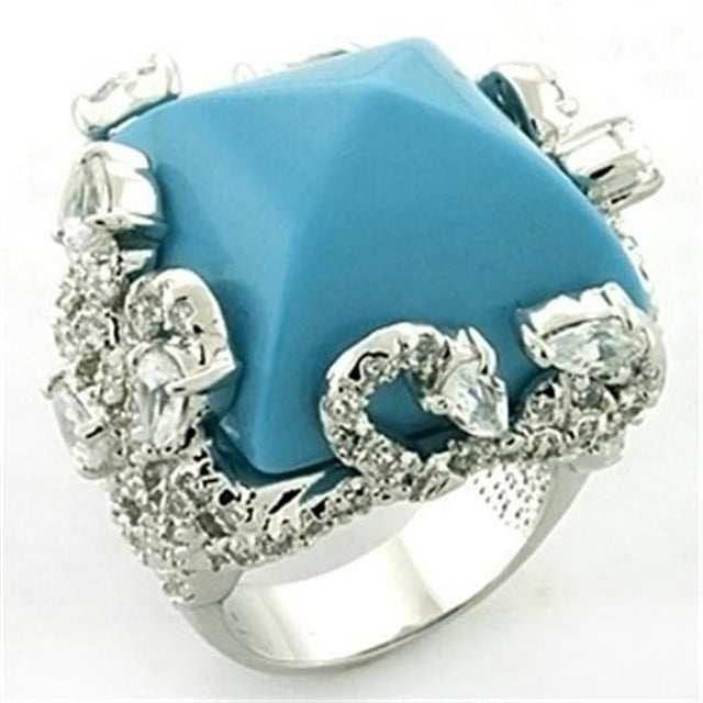 Alamode LOA683-7 Women Rhodium Brass Ring with Synthetic in Sea Blue - Size 7