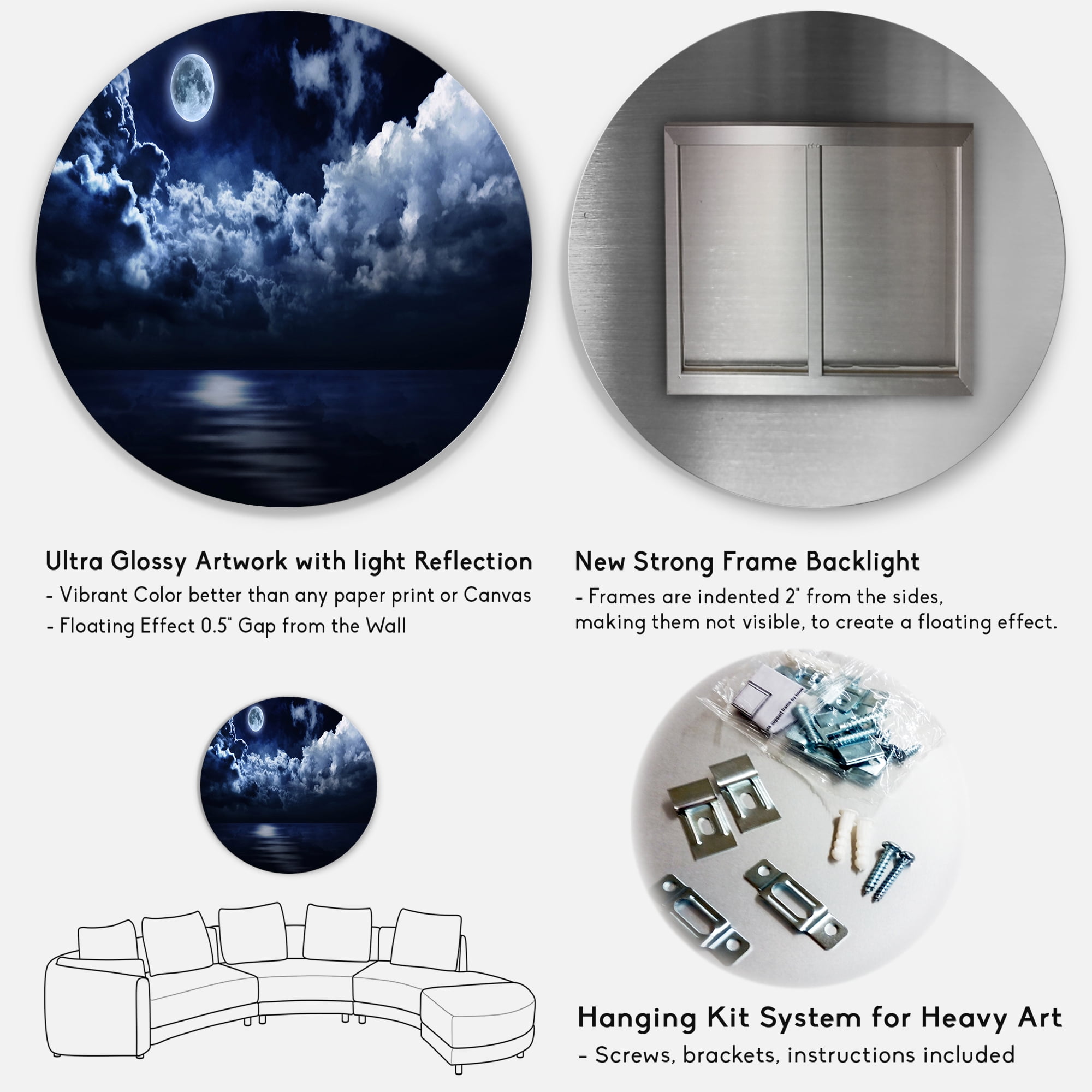 Designart 'Full Moon Night in Cloudy Sky' Modern Circle Metal Wall Art 36x36 - Disc of 36