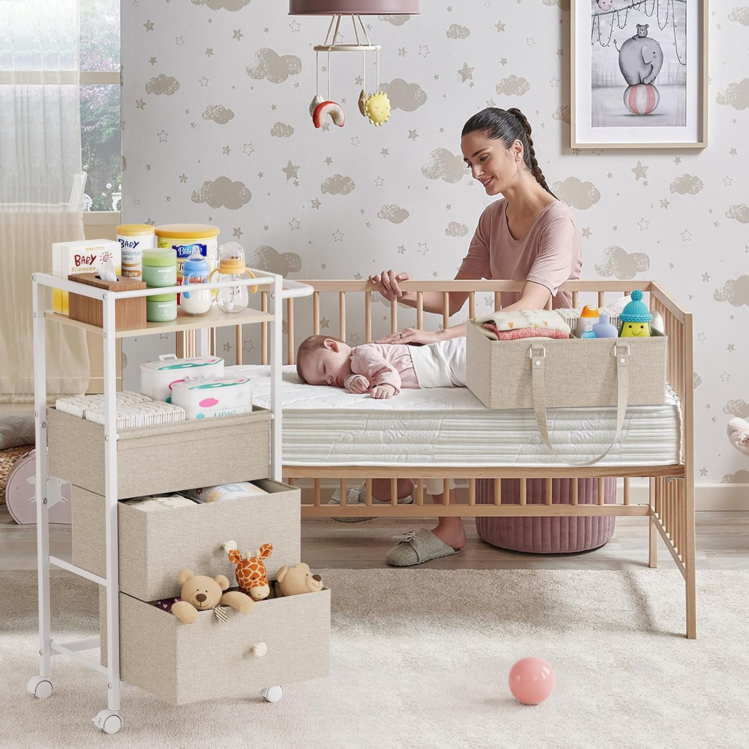 Baby Diaper Caddy Organizer Cart with Drawers - 3In1 Rolling Storage Cart with Wheels, Removable Diaper Caddy, Detachable Dividers - for Crib, Bedroom, Art & Craft Organizer (Off White)