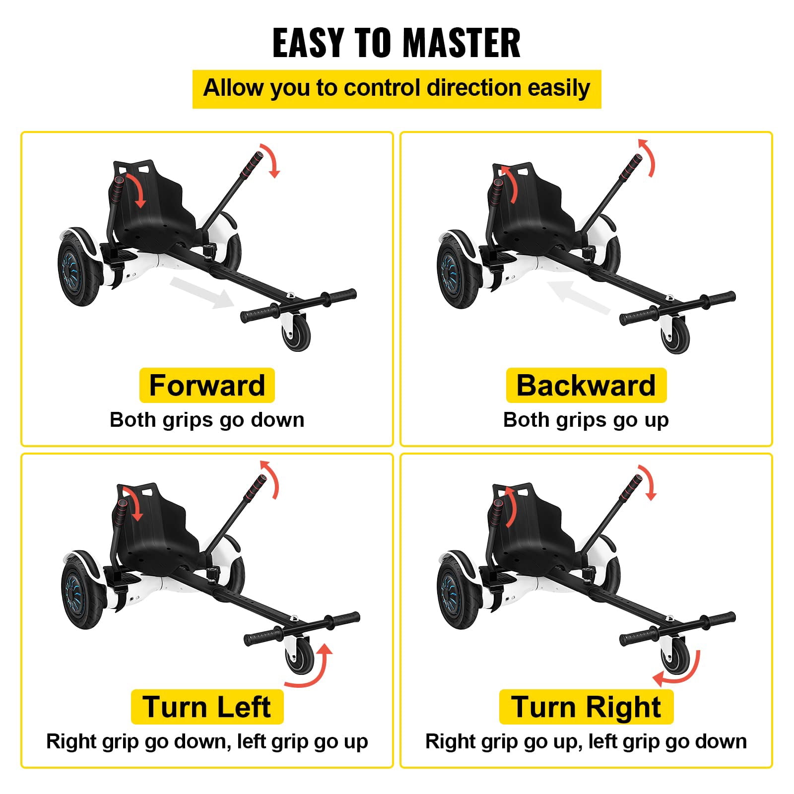 KFFKFF Hoverboard Kart Seat Attachment, Compatible with 6.5'', 8'', 10'' Models, Adjustable Frame for Children and Adults