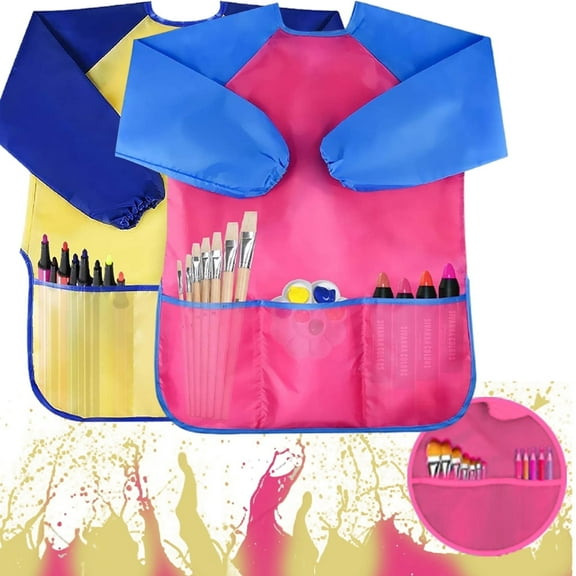 Syenll 2 pack Kids Art Smocks, Colorful Artist Painting Aprons with 3 Pockets for Boys Girls Age 3-6 Years, Yellow and Pink