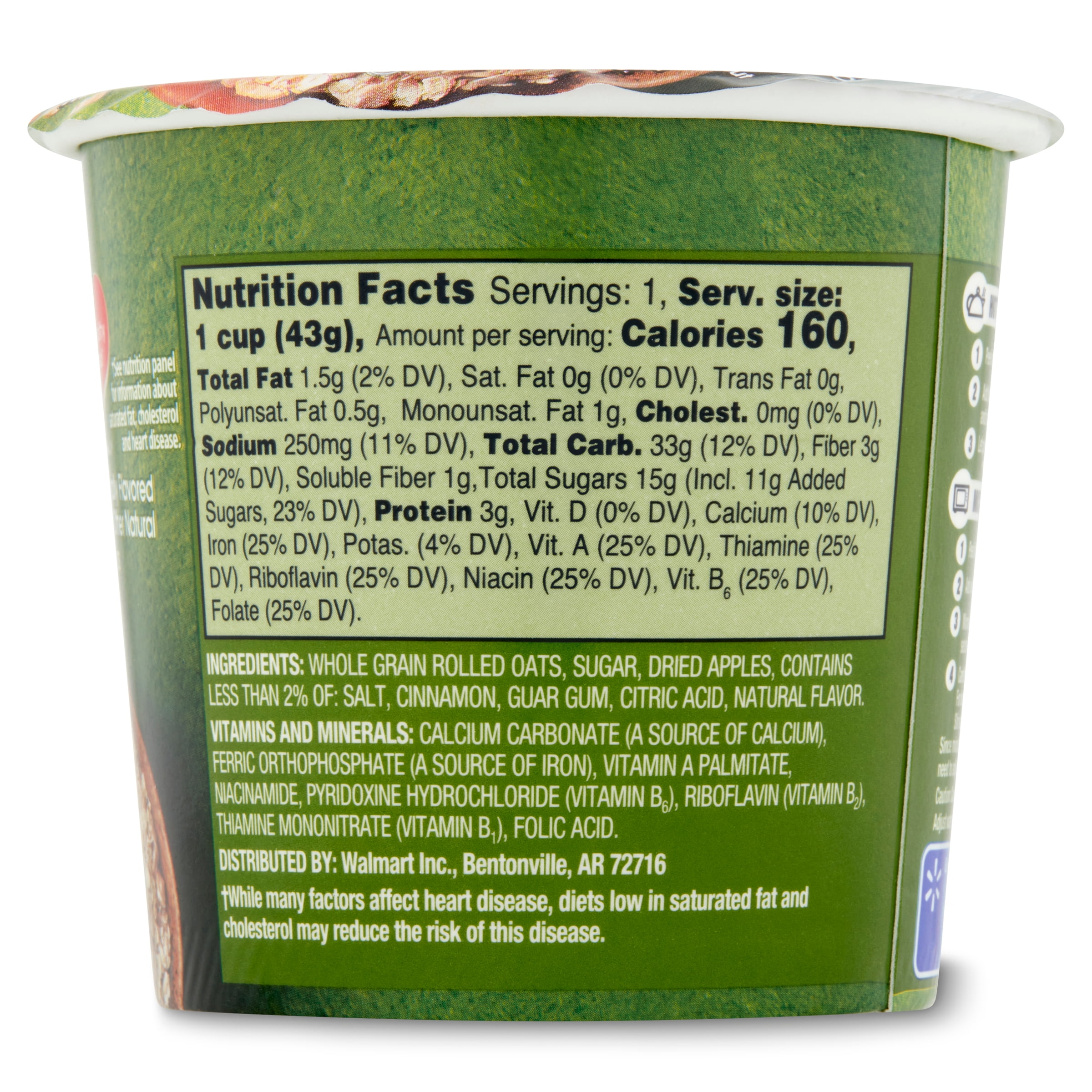 Great Value Apples & Cinnamon Instant Oatmeal Cup, 1.51 oz