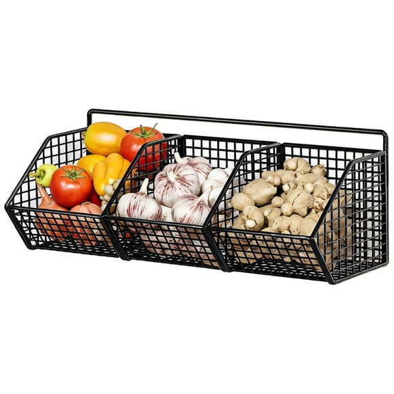 Wall Mounted Kitchen Storage Basket, Black Metal Wire Organizer with 3 Compartments, Rustproof Iron Mesh Rack for Pantry, Entryway, Utility Room, 14.2 x 5.9 x 3.3 in