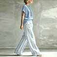thumbnail image 6 of Women Casual 2 Piece Lounge Set Loose Short Sleeve Top and Wide Leg Pants Striped Matching Outfit Soft Breathable Relaxed Fit Travel Vacation Everyday Wear Comfortable Fashion Set, 6 of 6
