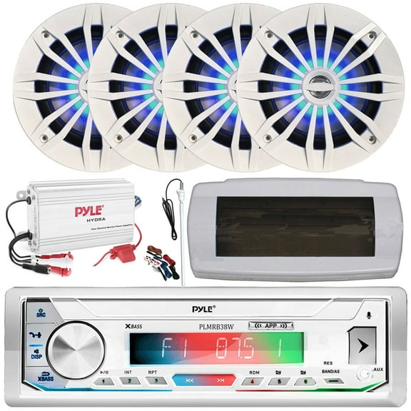 Pyle PLMRB39W LCD Display Single-DIN Marine Bluetooth USB/AUX MP3 Player AM/FM Radio Stereo White Receiver W/White Cover, 4x 6.5" 180W Max 2-Way Blue LED Speakers, 4-Channel Amplifier W/Kit, Antenna