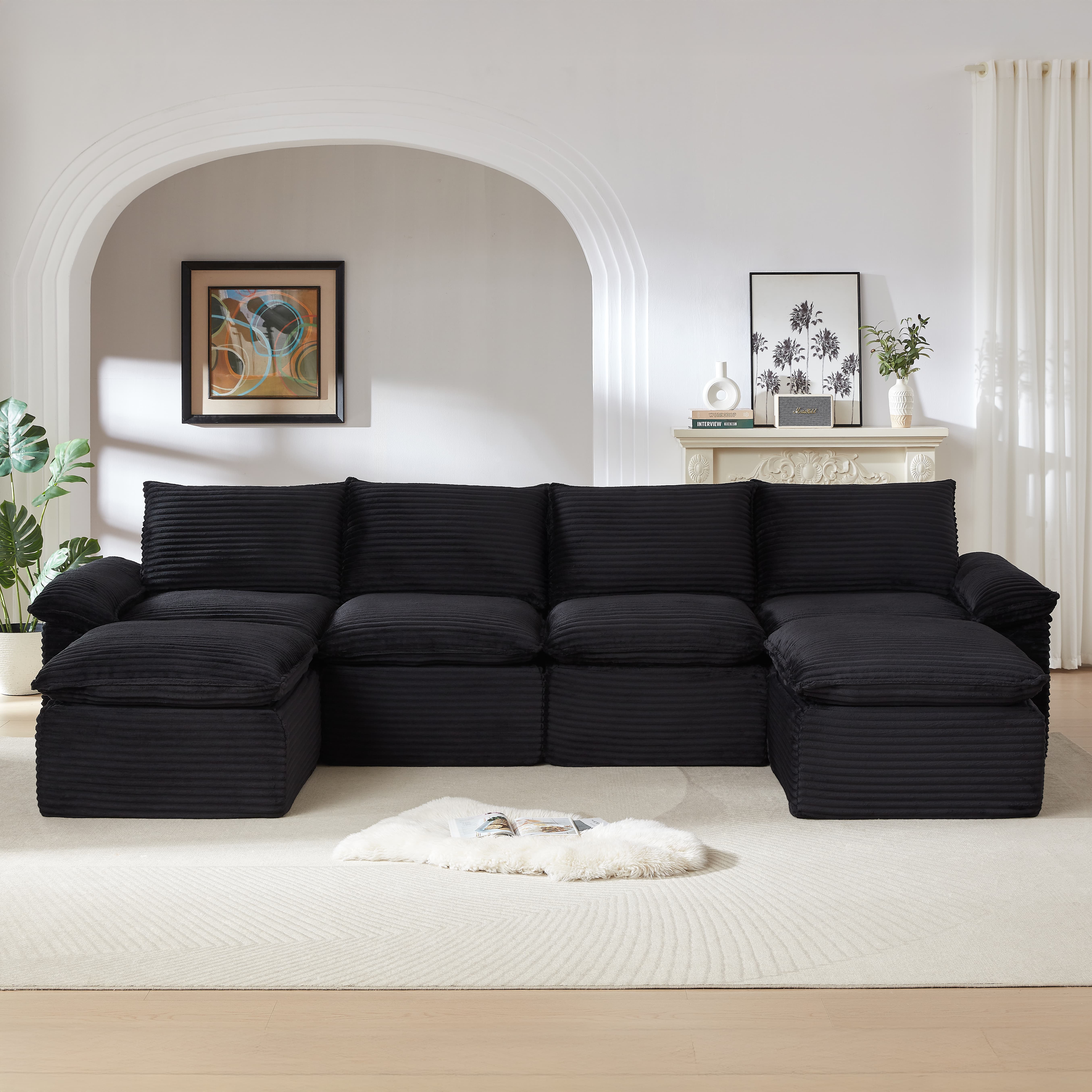 MAYEERTY Modern Modular Corduroy Sofa, Black Cloud-Soft Sectional Couch for Apartment