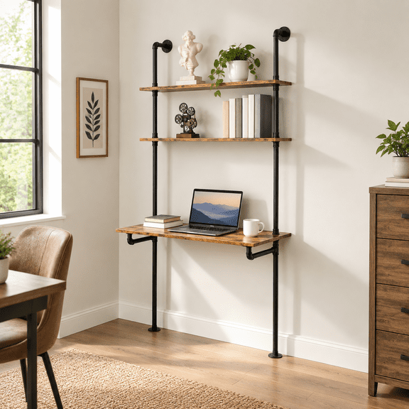 Wall Mounted Ladder Style Floating Desk with Shelves for Small Spaces