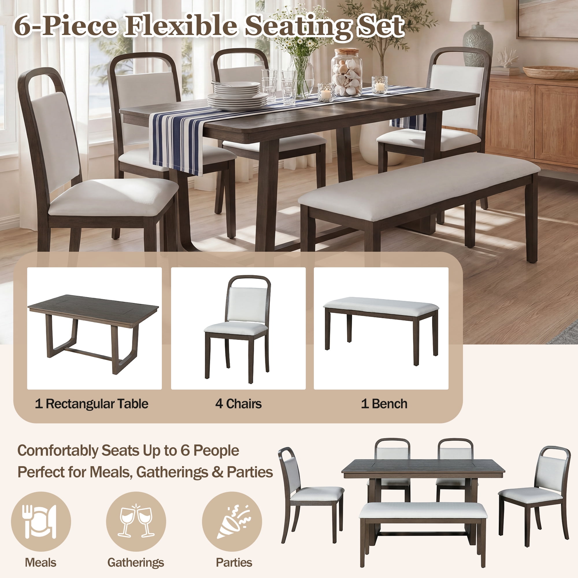 6-Piece Dining Table Set for 6, 60" Rectangular Dining Table with 4 Upholstered Chairs and 1 Bench