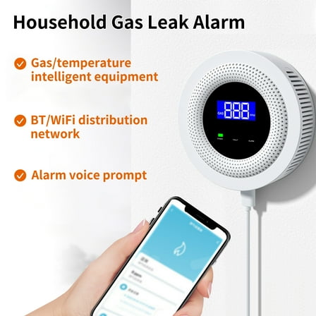 Carevas WiFi Gas Leak Alarm Household Smart Gas Detector Combustible Gas Leakage Detecting Sensor for Natural Gas Biogas Methane SmartLife APP Remote Control APP Notification Pushing
